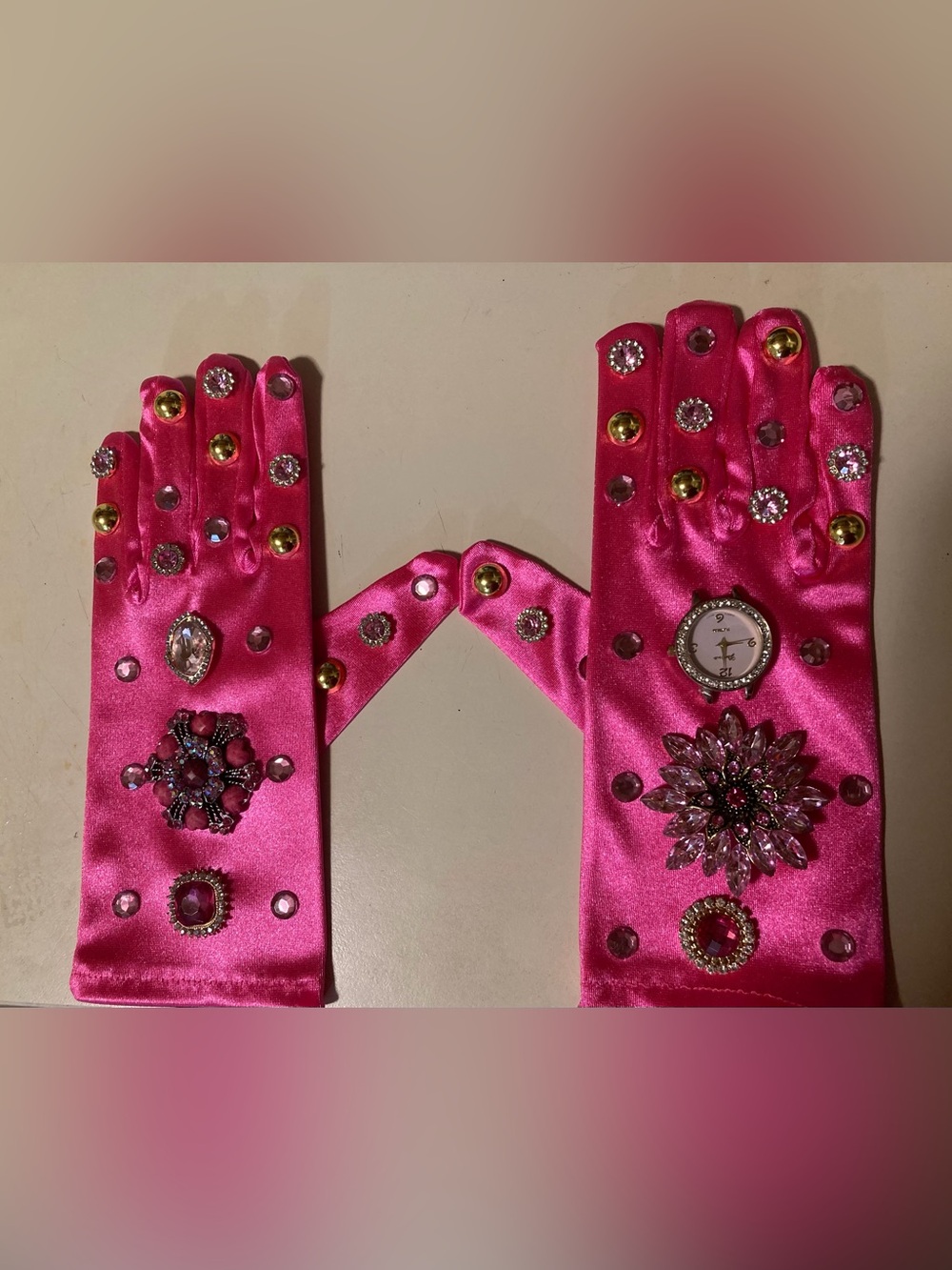 Pink Satin Embellished Women's Gloves designed by me